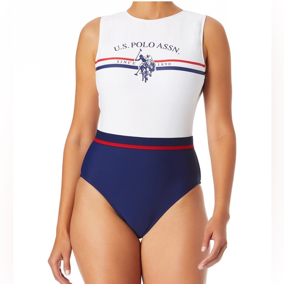 US Polo Assn. High Neck Spandex Polyester Bikini One-Piece Sz XL. Navy/White - Picture 1 of 9